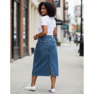 Baccini Classic Blue Denim Midi Skirt w back slit plus sz 18W